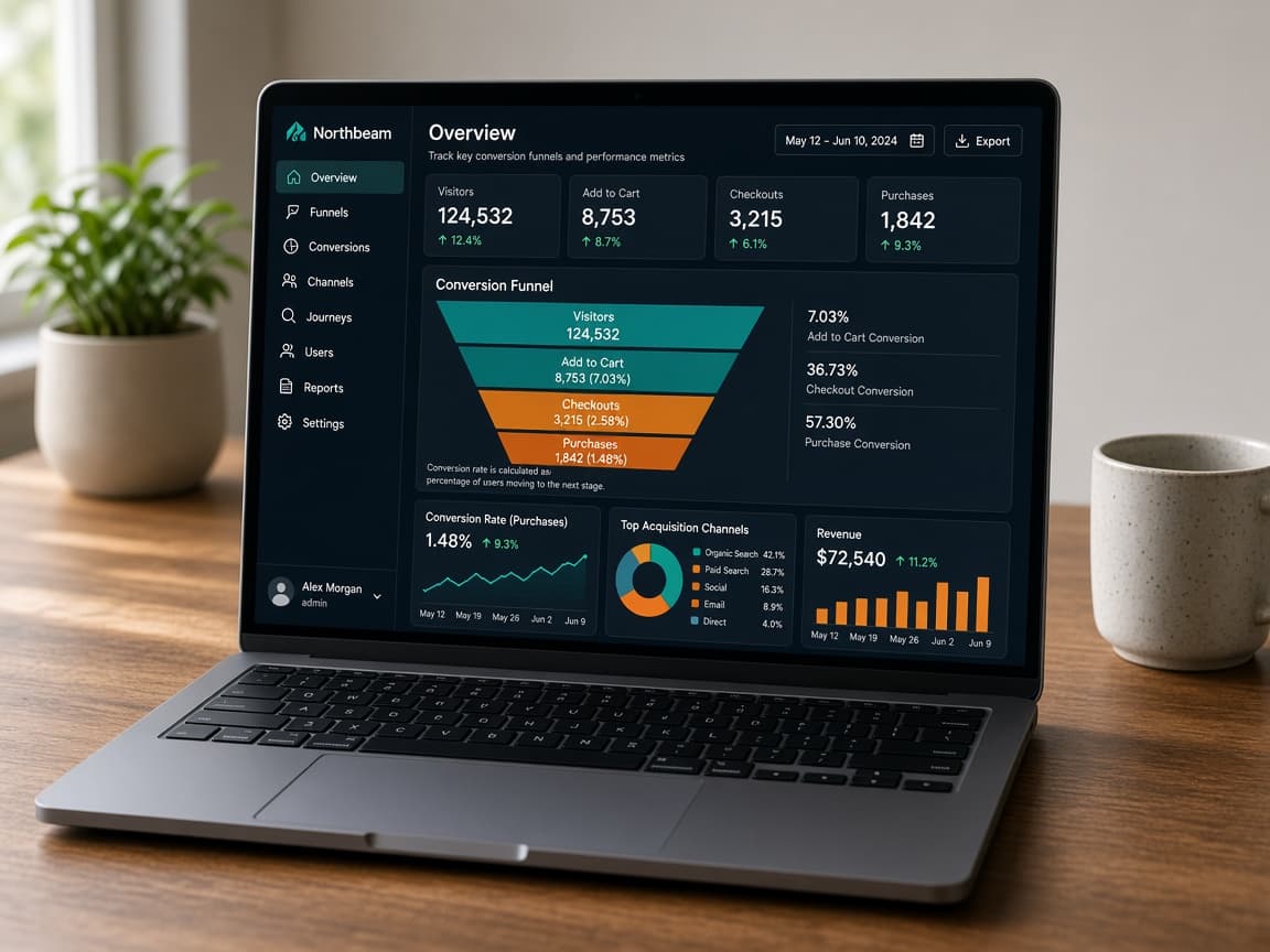 Laptop showing SalesSutra analytics funnel and conversion charts