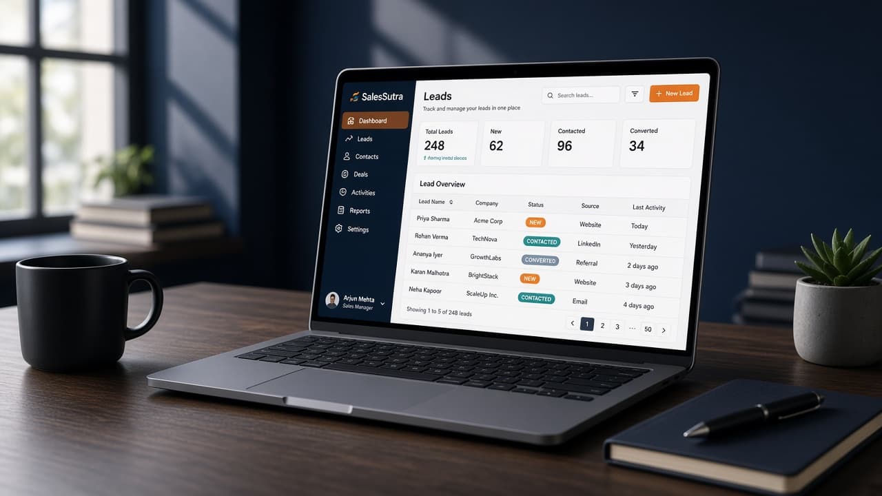 SalesSutra CRM on a laptop in a modern sales workspace
