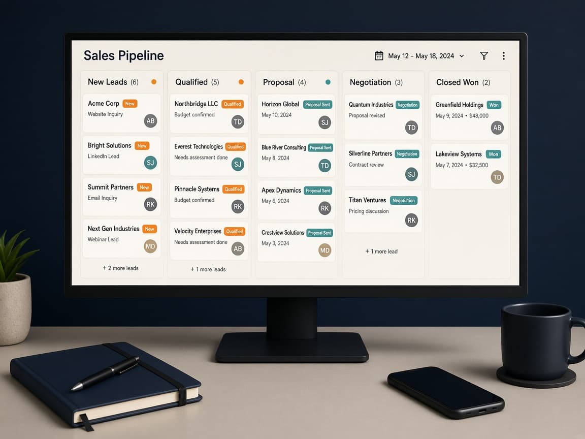 Sales pipeline board with lead cards across status columns on a desk monitor